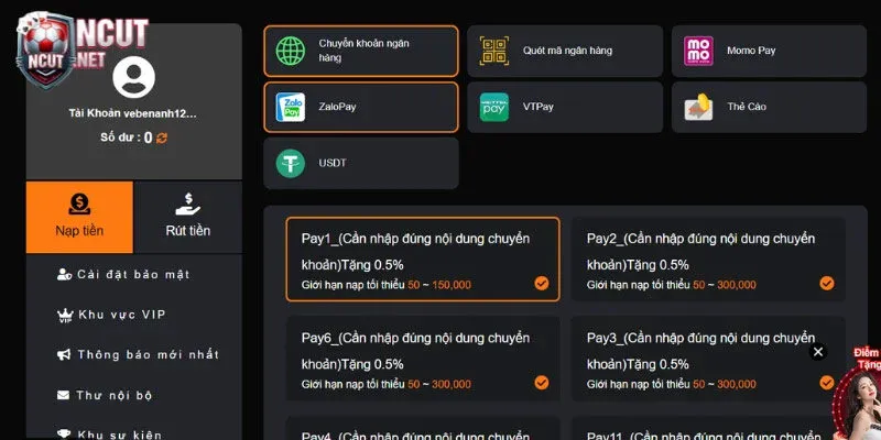 Hướng dẫn nạp vốn cược vào nhà cái nhanh