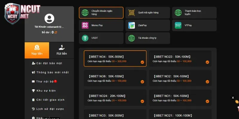 Quy trình nạp tiền vào I9Bet nhanh chóng