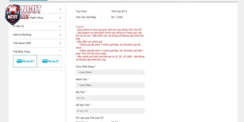 Gửi tiền vào W88 qua thẻ cào điện thoại