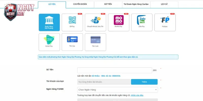 Nạp tiền chơi game Fun88 qua tài khoản ngân hàng